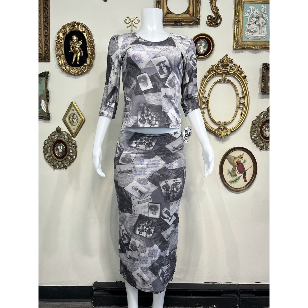 Cheryl Creations Vintage Graphic Print Mesh Top and Skirt Set Size M